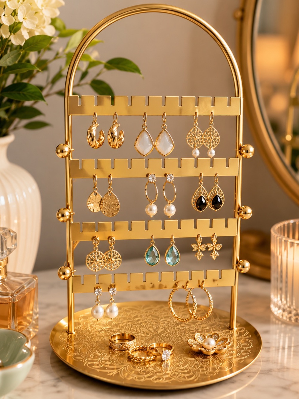 Vintage Style Brass Tone Jewelry Organizer Stand with Etched Tray Base Storage